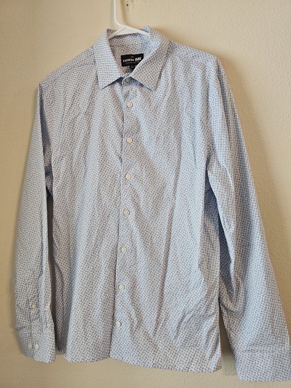 Express 1MX Stretch Cotton Men’s Blue Micro-Print Long Sleeve Dress Shirt